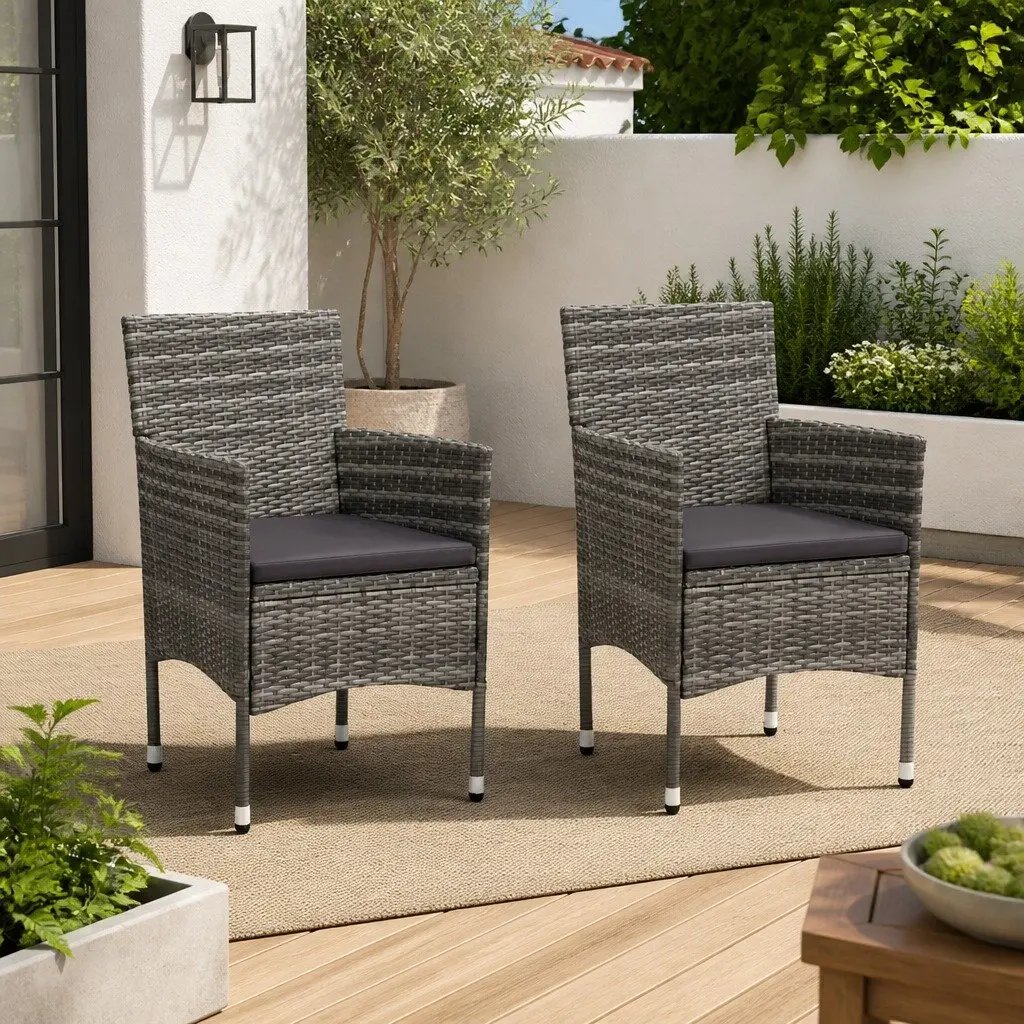 Outdoor Dining Chairs Set 2 pcs Grey Steel Frame PE Rattan Garden Seating Curved Backrest