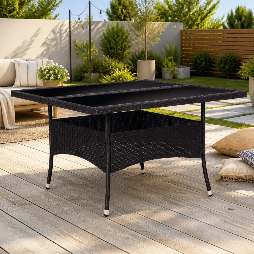 Outdoor Dining Table Black Poly Rattan Glass 4 Seater