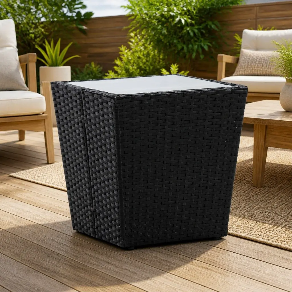 Rattan Outdoor Tea Table Black Tempered Glass Top 41.5x41.5x43cm