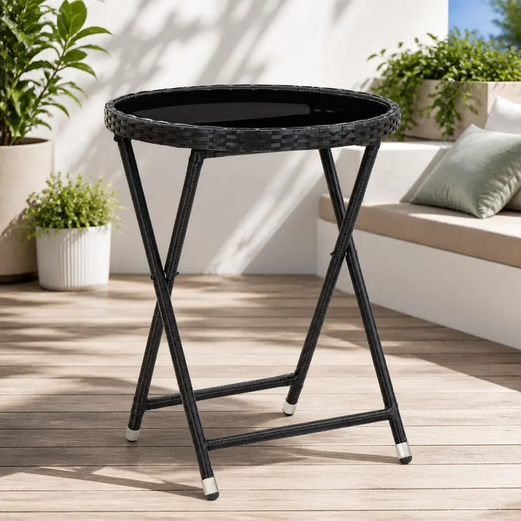Outdoor Tea Table Black Folding Tempered Glass Patio Garden 60cm