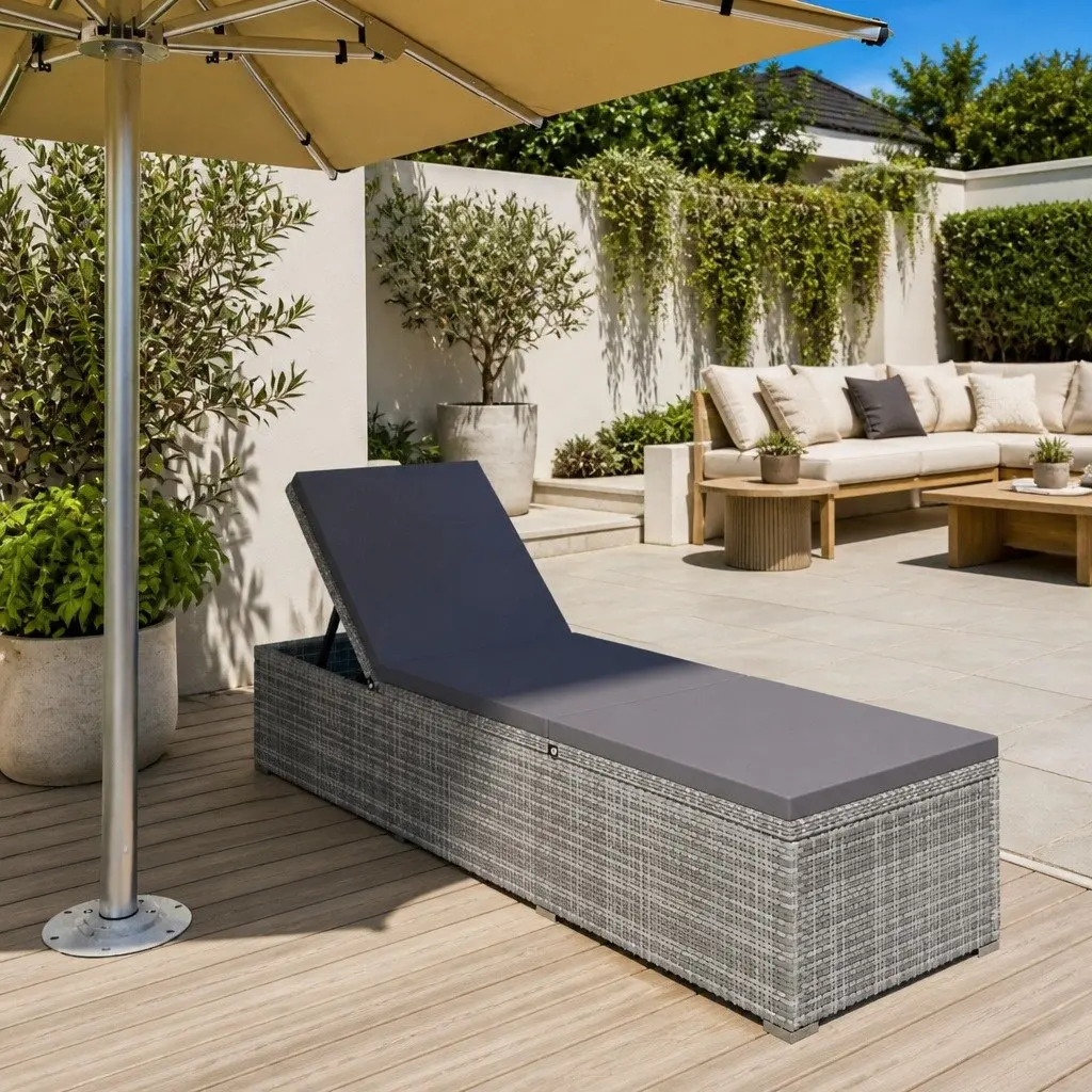 Sun Lounger with Cushion Poly Rattan Grey Outdoor Seating Relaxing Patio Garden