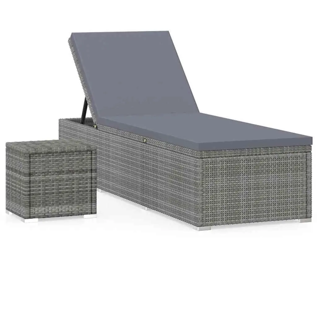 Sun Lounger Adjustable Backrest with Cushion and Tea Table Poly Rattan Grey Outdoor Lounger