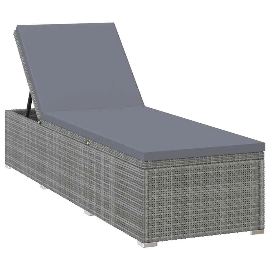Sun Lounger Adjustable Backrest with Cushion and Tea Table Poly Rattan Grey Outdoor Lounger