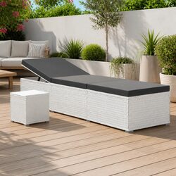 Sun Lounger with Cushion and Tea Table Poly Rattan White Outdoor Seating