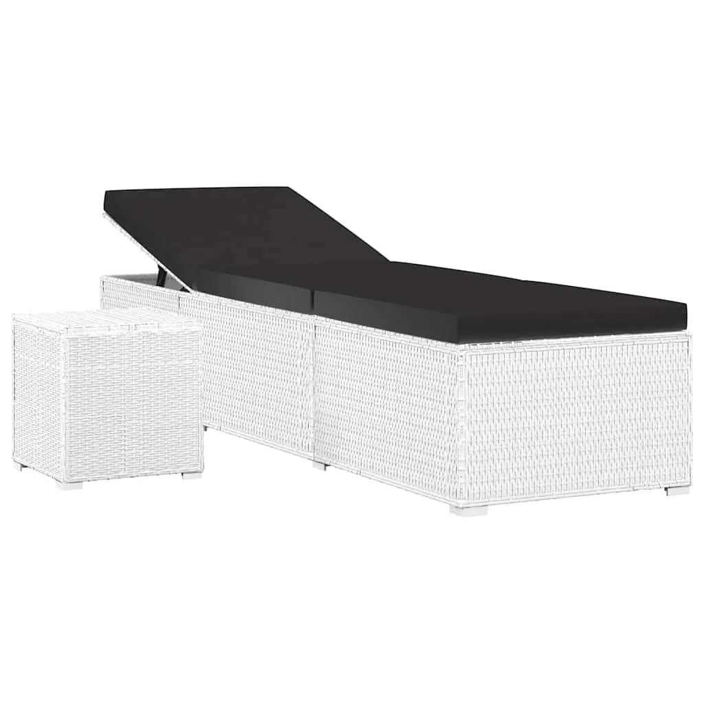 Sun Lounger with Cushion and Tea Table Poly Rattan White Outdoor Seating