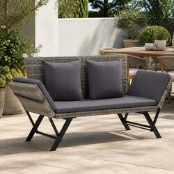 Outdoor Garden Bench 176cm Grey Poly Rattan Sun Bed with Cushions Adjustable