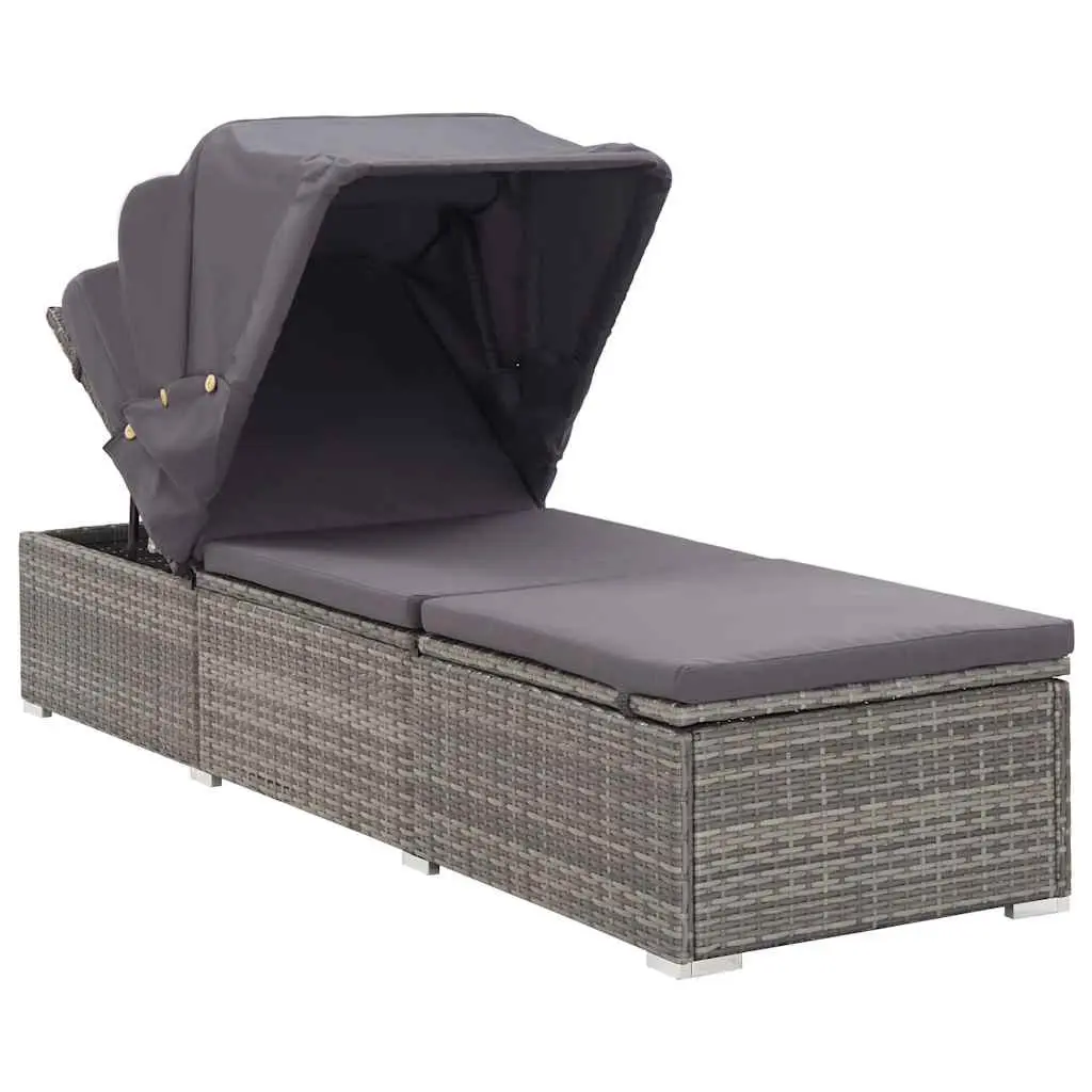 Sun Lounger Adjustable Reclining Chair with Foldable Canopy Padded Cushion Grey