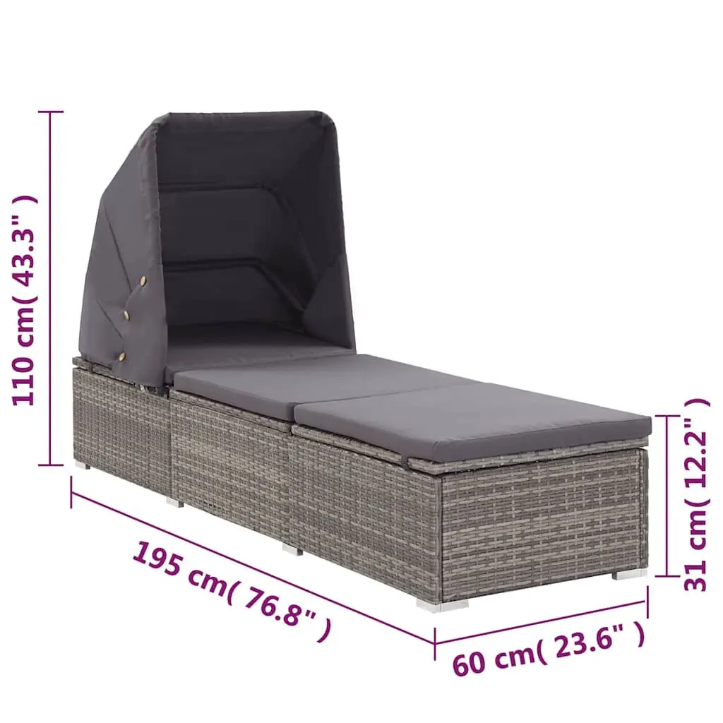 Sun Lounger Adjustable Reclining Chair with Foldable Canopy Padded Cushion Grey