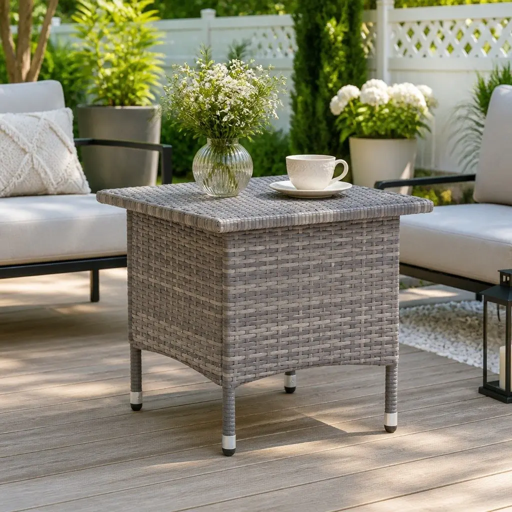 Grey Poly Rattan Tea Table for Outdoor Spaces