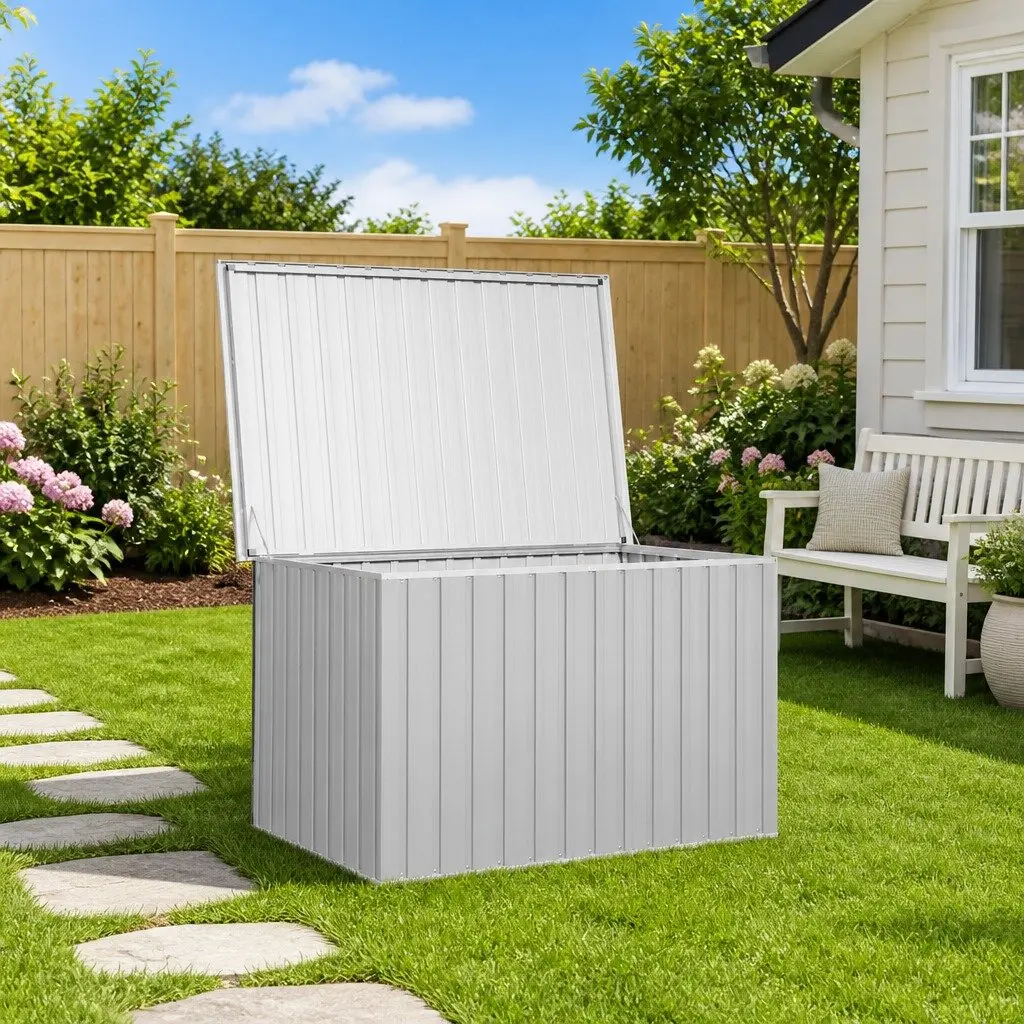 Garden Storage Box Outdoor Cushion Pillow Blanket Chest Grey Galvanised Steel 149 x 99 x 93 cm