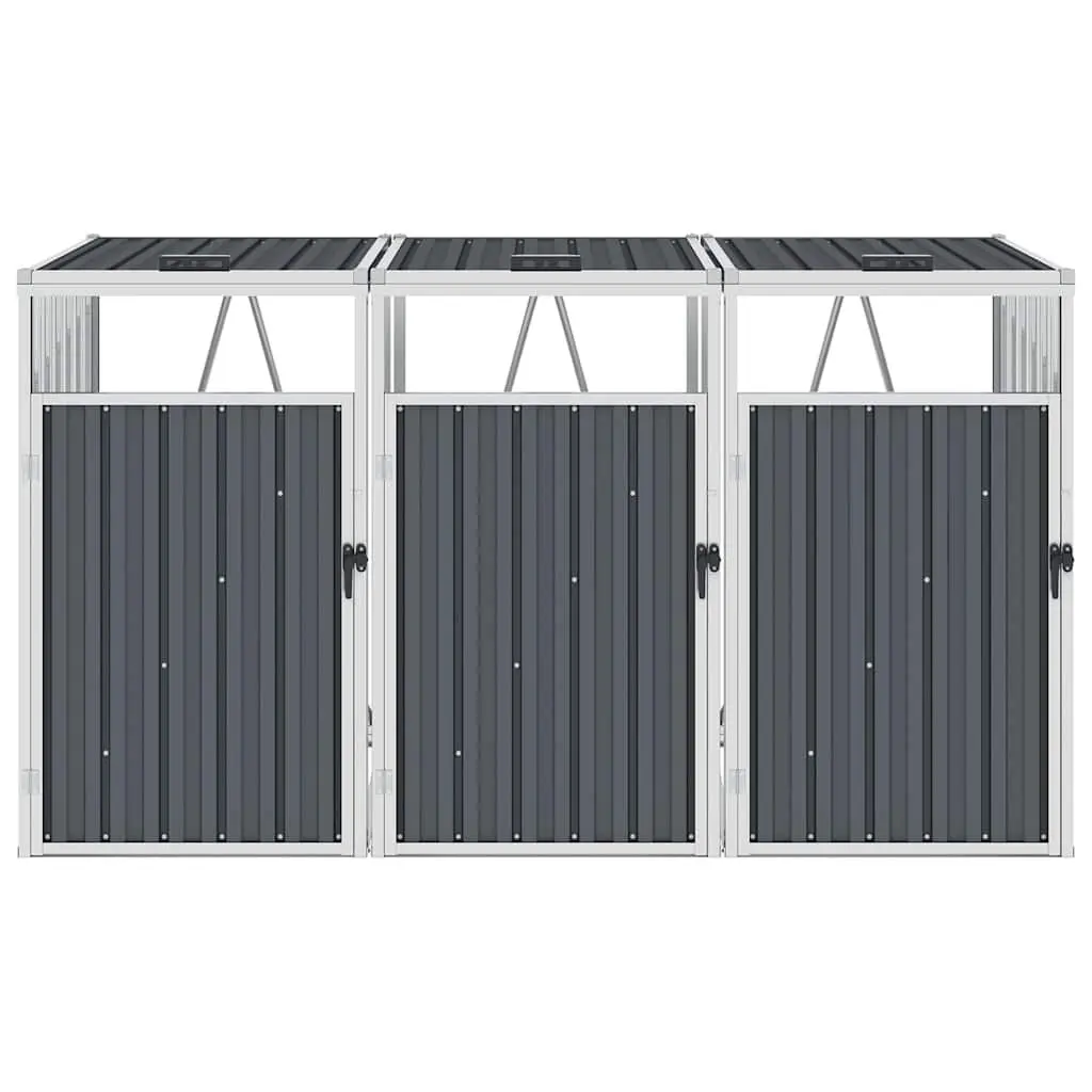 Triple Garbage Bin Shed Garden Waste Container Enclosure 213 x 81 x 121 cm Grey Steel