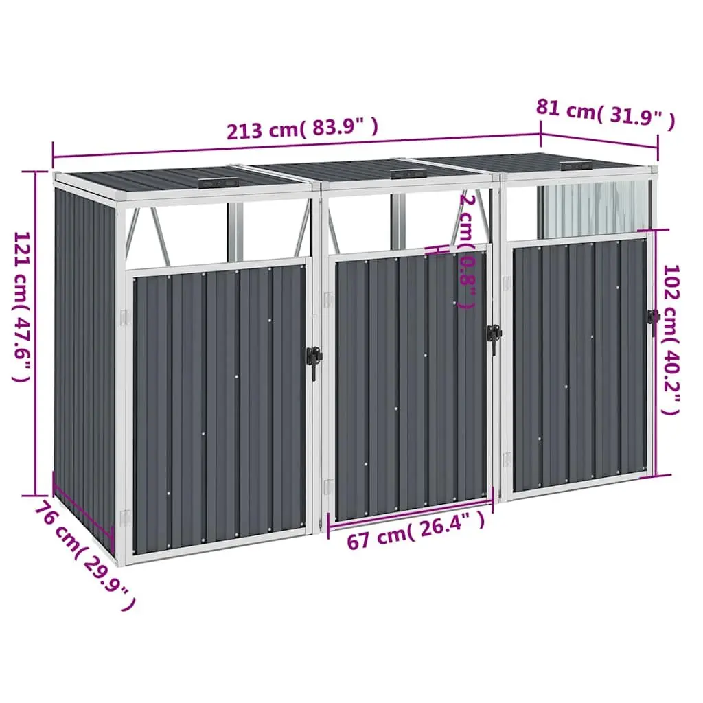 Triple Garbage Bin Shed Garden Waste Container Enclosure 213 x 81 x 121 cm Grey Steel