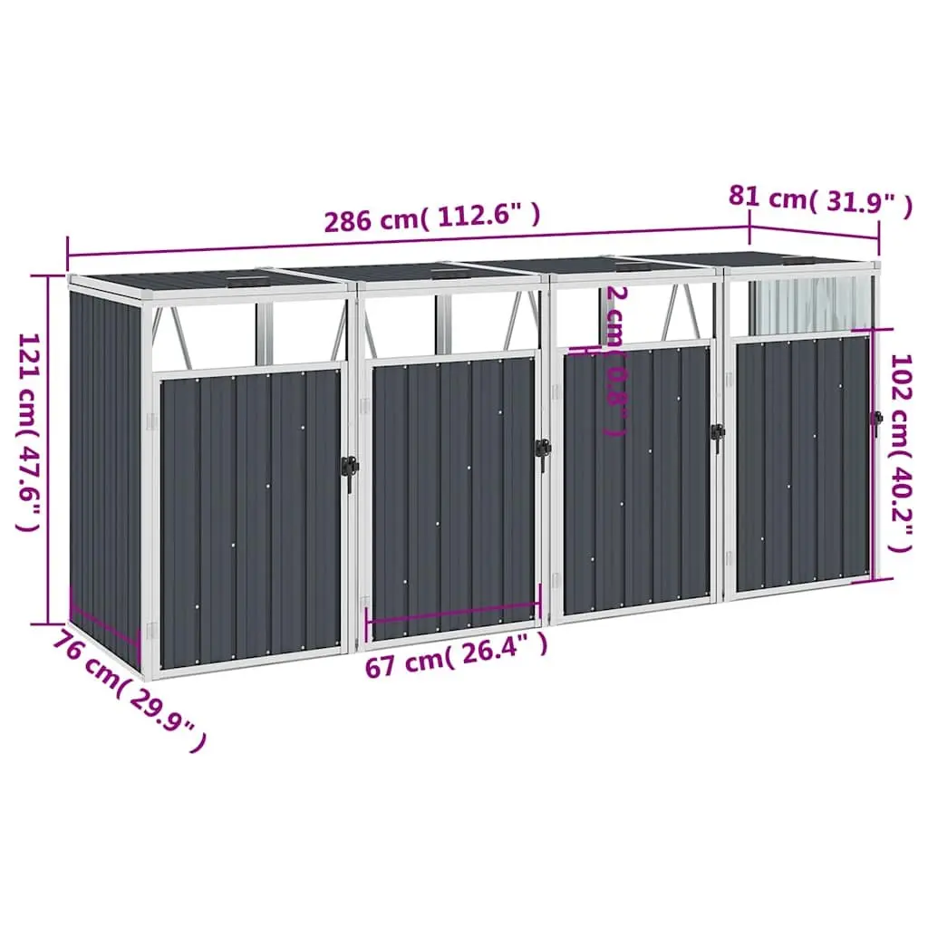 Quadruple Garbage Bin Shed Anthracite Garden Waste Container Enclosure 286 x 81 x 121 cm