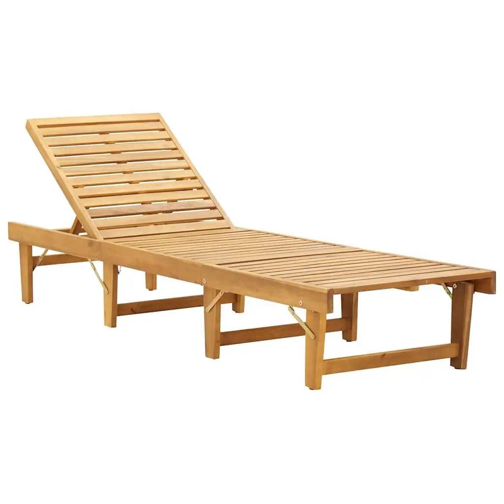 Folding Sun Lounger Chair Grey Cushion Solid Acacia Wood Outdoor Patio