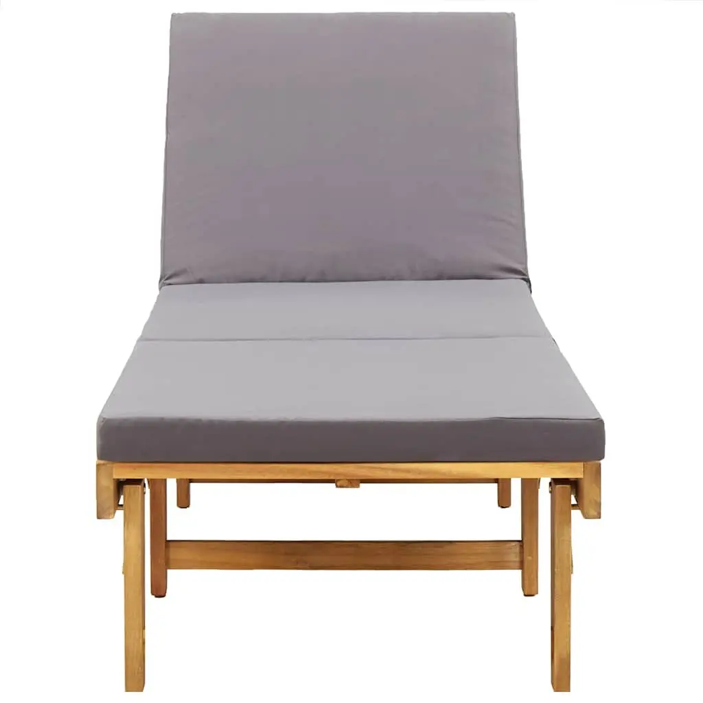 Folding Sun Lounger Chair Grey Cushion Solid Acacia Wood Outdoor Patio
