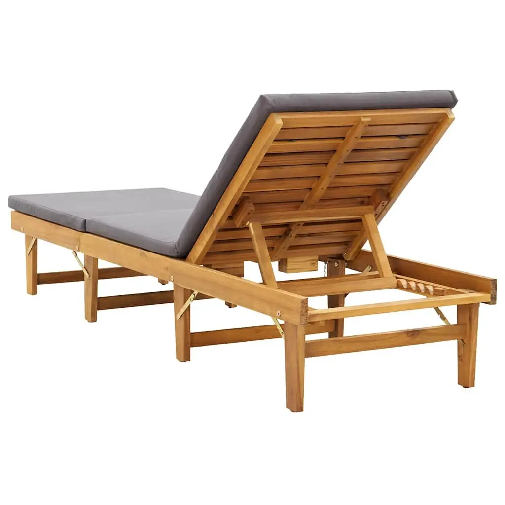 Folding Sun Lounger Chair Grey Cushion Solid Acacia Wood Outdoor Patio