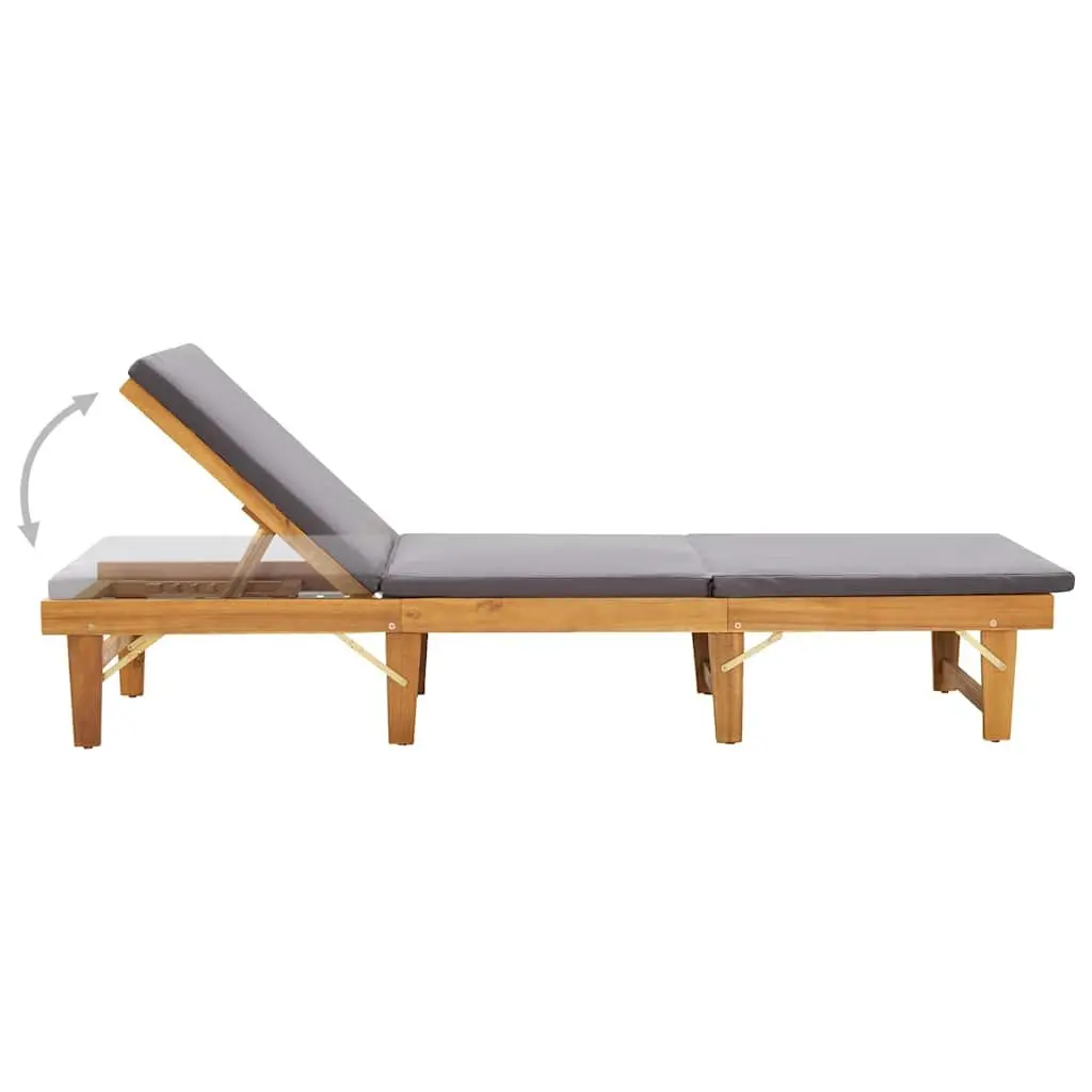 Folding Sun Lounger Chair Grey Cushion Solid Acacia Wood Outdoor Patio