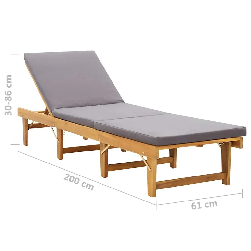 Folding Sun Lounger Chair Grey Cushion Solid Acacia Wood Outdoor Patio