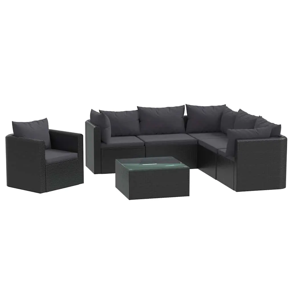 7 Piece Outdoor Sectional Sofa Set Poly Rattan Lounge with Cushions Coffee Table Black