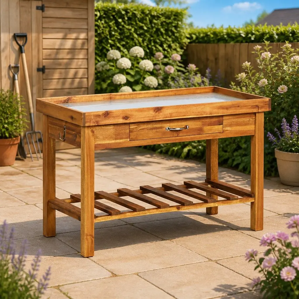 Garden Work Bench Potting Table Solid Acacia Wood Zinc Top Brown