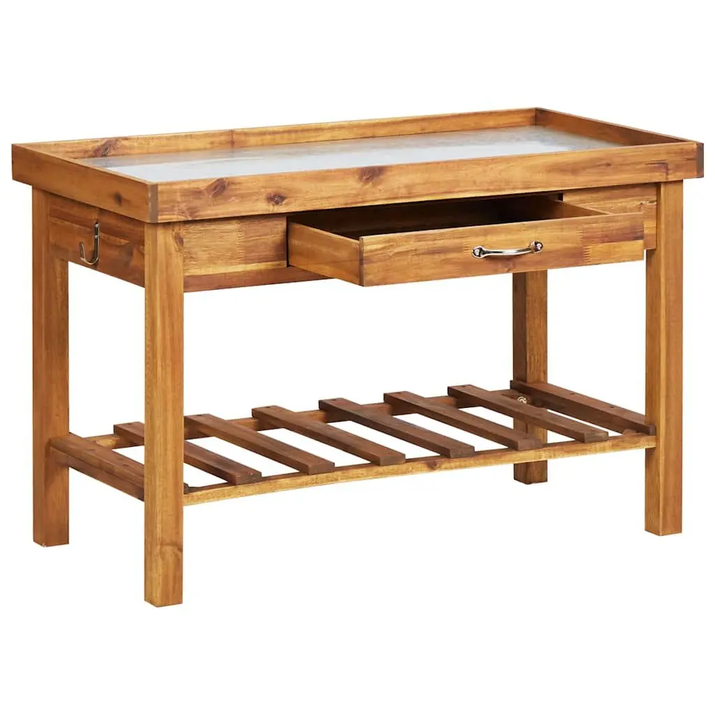 Garden Work Bench Potting Table Solid Acacia Wood Zinc Top Brown