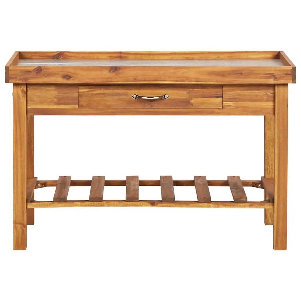 Garden Work Bench Potting Table Solid Acacia Wood Zinc Top Brown