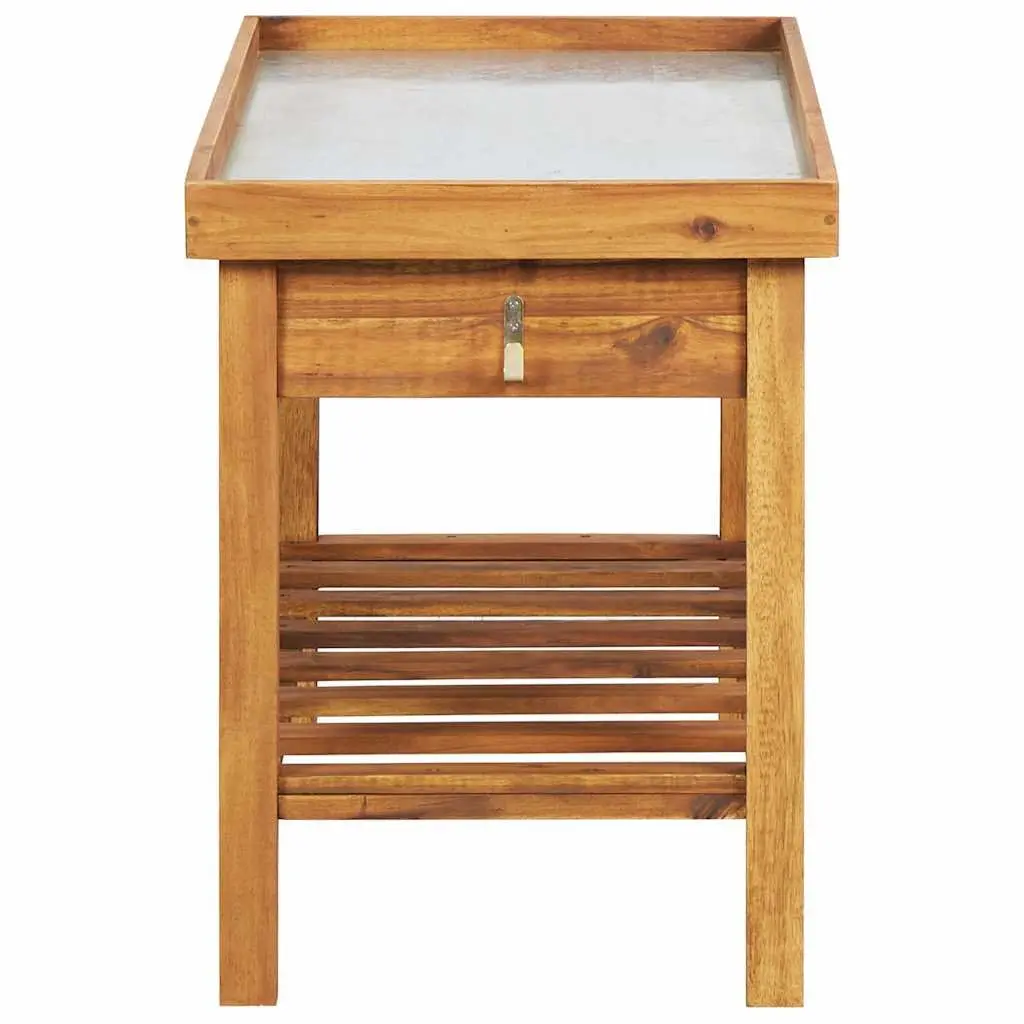 Garden Work Bench Potting Table Solid Acacia Wood Zinc Top Brown