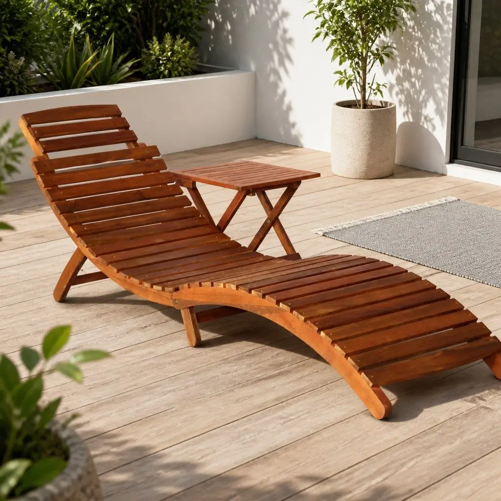 Sun Lounger with Side Table Solid Acacia Wood Outdoor Garden Patio Furniture