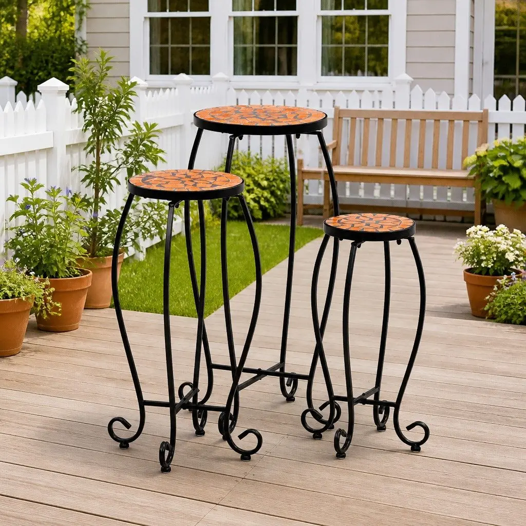 Mosaic Plant Stand Table Set 3pc Ceramic Top Outdoor Garden Patio Decor Brown