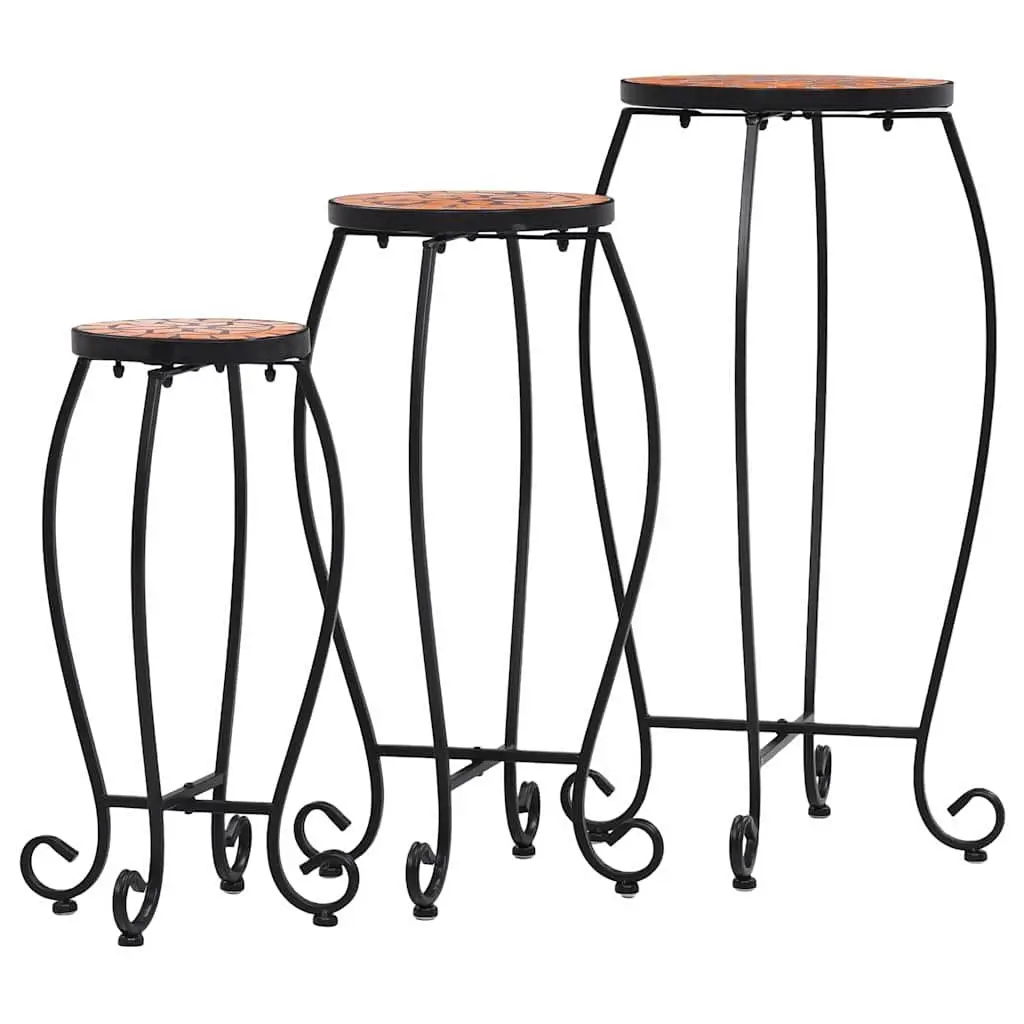 Mosaic Plant Stand Table Set 3pc Ceramic Top Outdoor Garden Patio Decor Brown