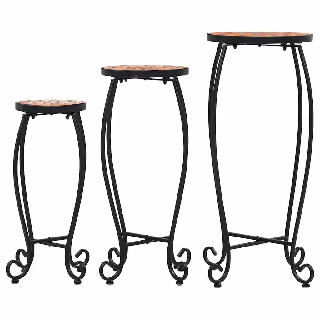 Mosaic Plant Stand Table Set 3pc Ceramic Top Outdoor Garden Patio Decor Brown