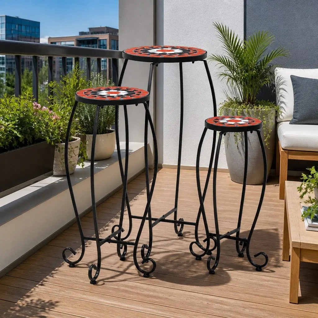 Ceramic Top Mosaic Table Set 3 Piece Patio Garden Balcony Iron Frame Brown