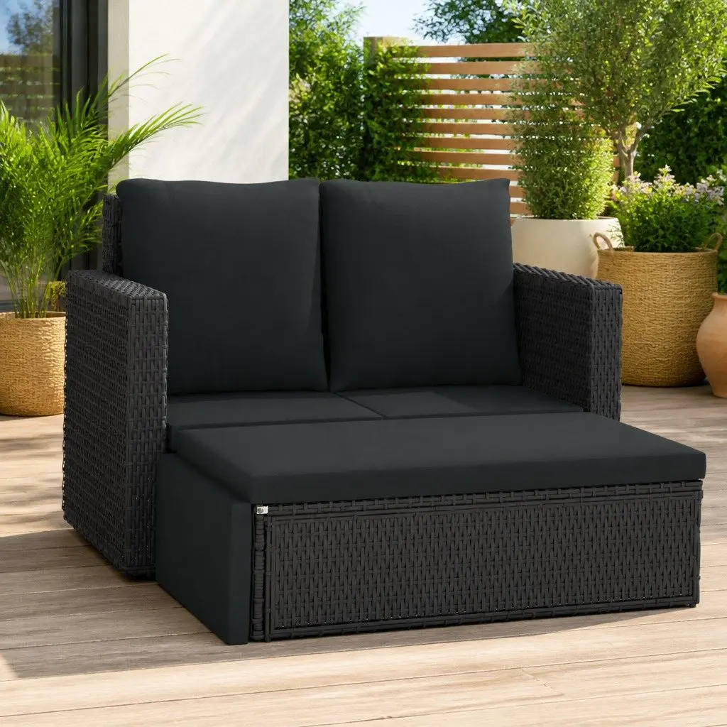 2 Piece Garden Lounge Set Outdoor Sofa Stool with Cushions Black