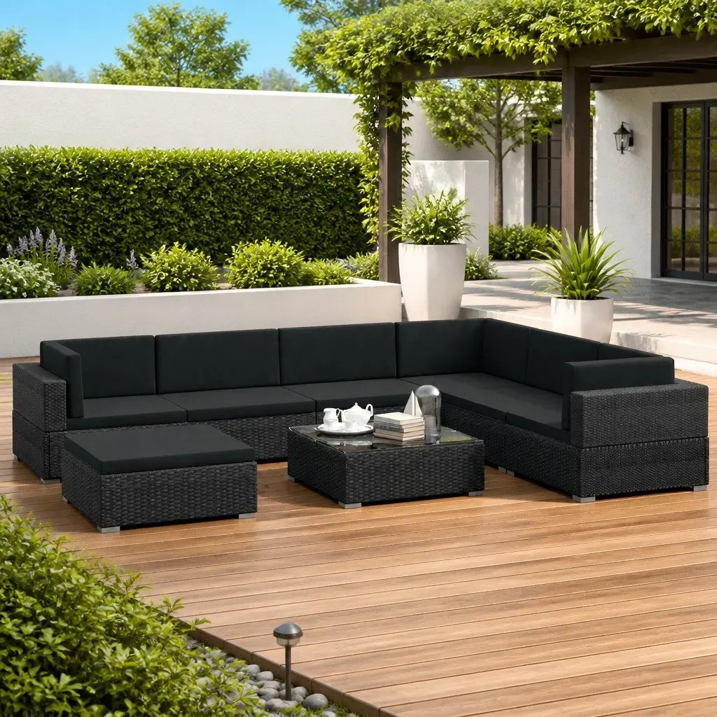 Outdoor Lounge Set 8 Piece Garden Furniture Poly Rattan Sofa with Cushions Black