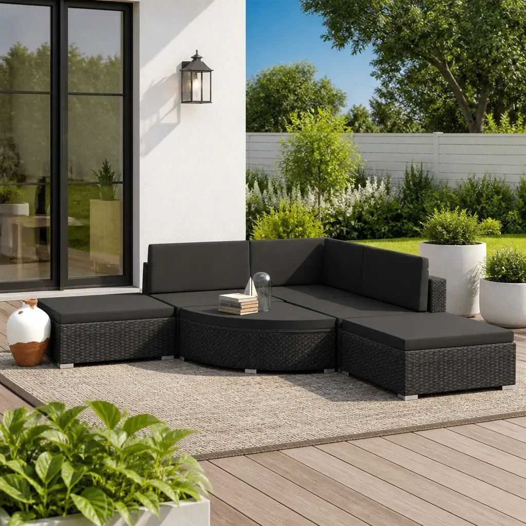 Rattan Sofa Set Outdoor Garden Lounge 6 Piece Modular Black with Cushions