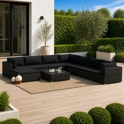 Durable Outdoor Rattan Sofa Set - 9 Pieces in Black