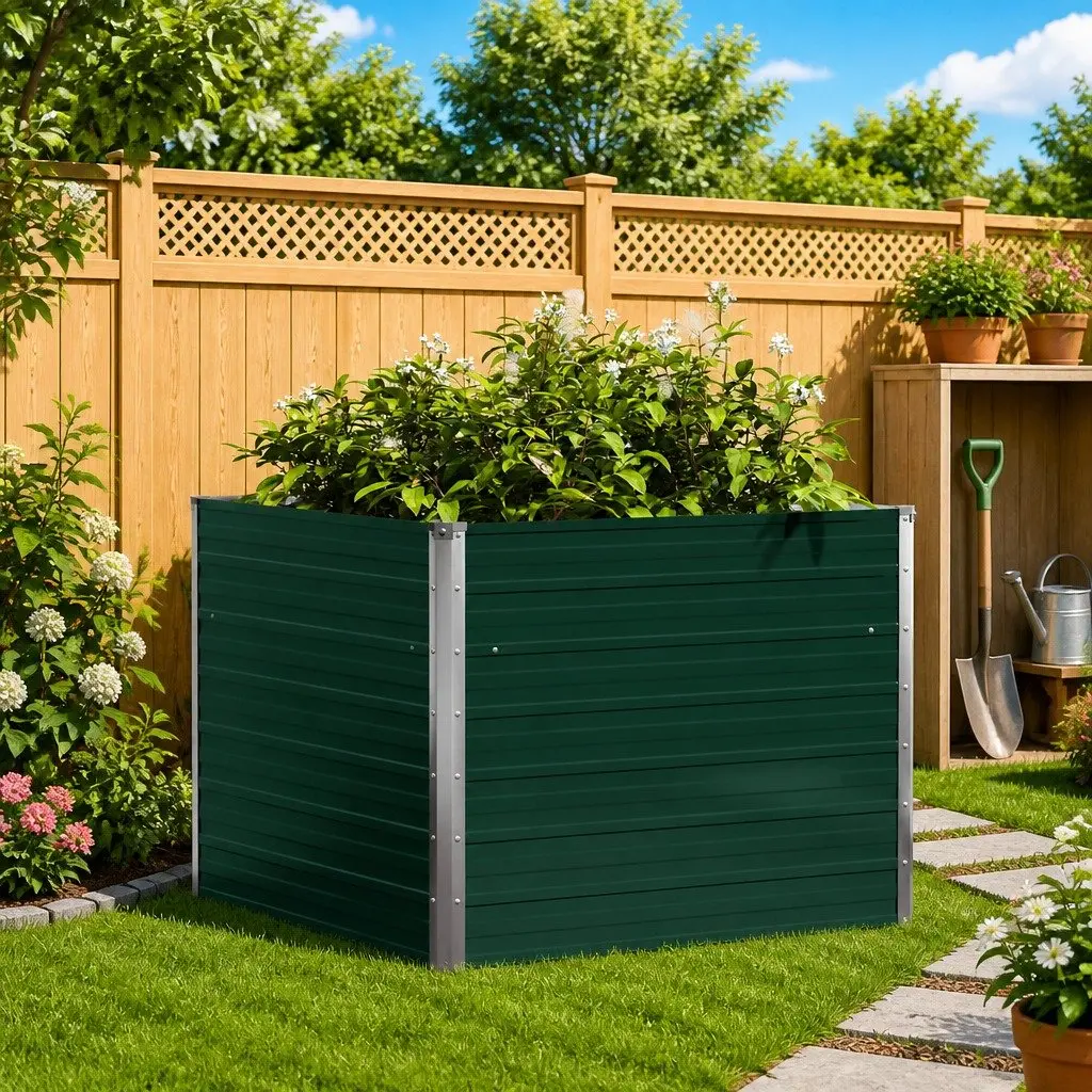 Raised Garden Bed Galvanised Steel Planter 100x100x77 cm Green Open Bottom