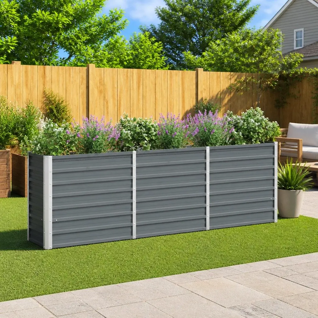 Raised Garden Bed Galvanised Steel 240x40x77cm Grey Outdoor Planter Box