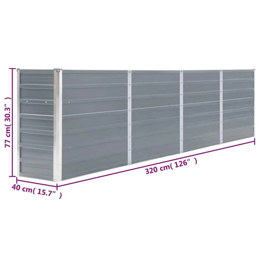 Raised Garden Bed for Growing Plants 320x40x77 cm Galvanised Steel Grey Rectangular Planter