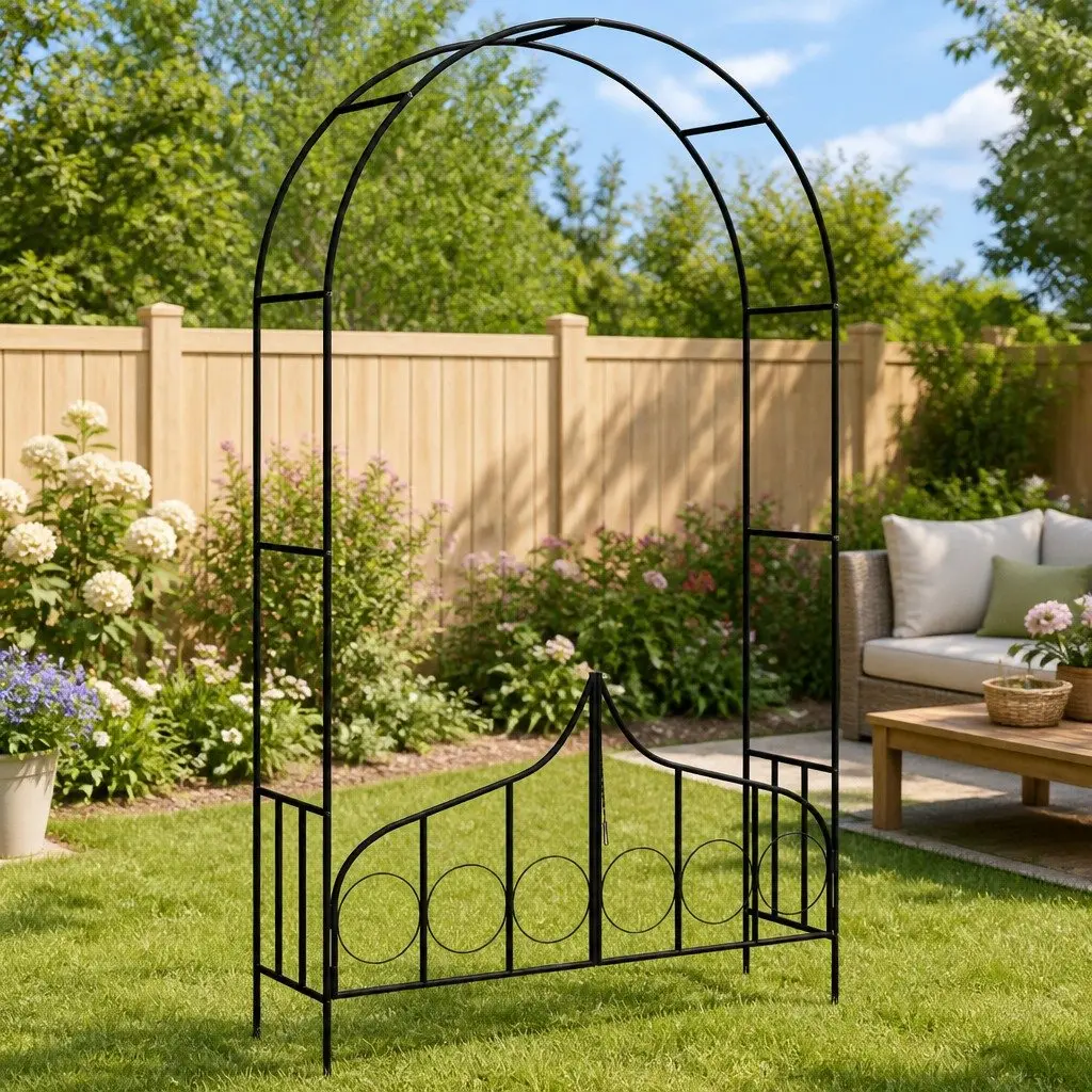 Garden Arch with Gate Outdoor Arbour for Climbing Plants 138 x 40 x 238 cm Black Iron
