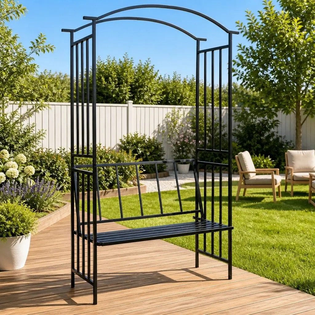 Garden Arch Black Outdoor Arbour with Bench Climbing Plants Patio Pergola 128 x 50 x 207 cm