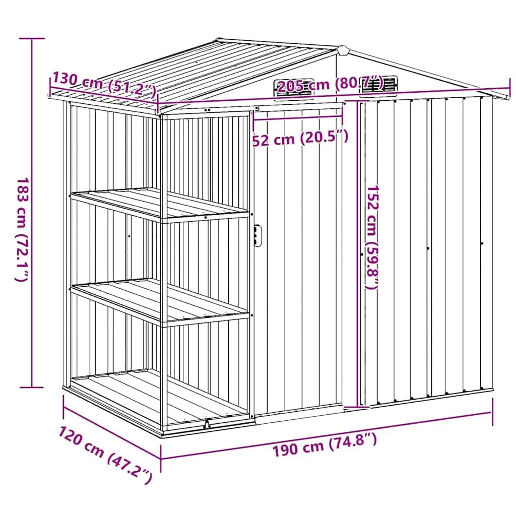 Garden Shed Outdoor Storage House with Rack 205 x 130 x 183 cm Grey Galvanised Iron