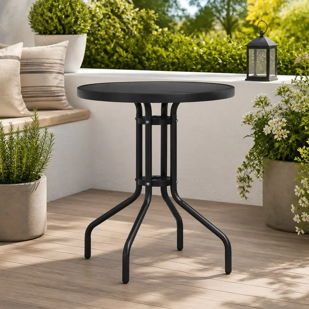 Round Garden Table 80cm Black Steel Frame Glass Top Patio Outdoor Dining