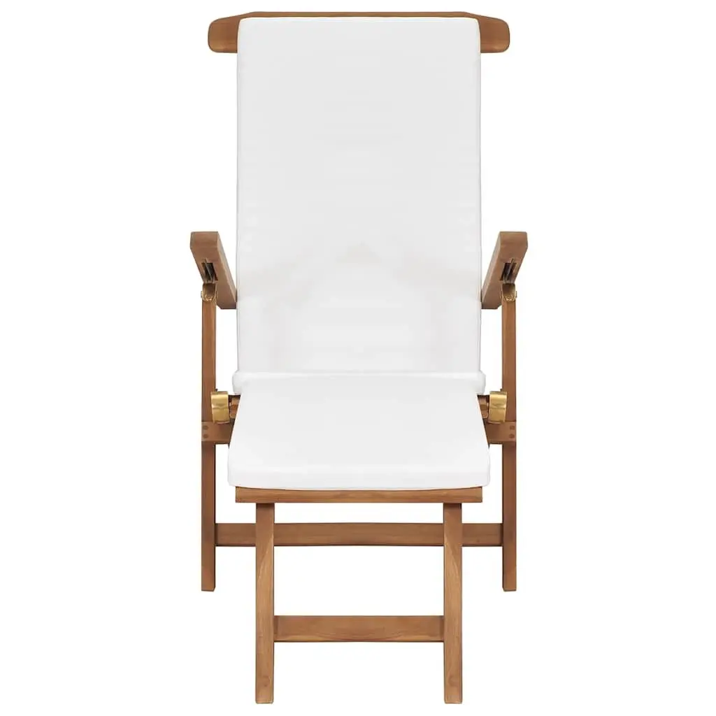 Deck Chair Sun Lounger Outdoor Cream Teak Wood Reclining Backrest with Cushion