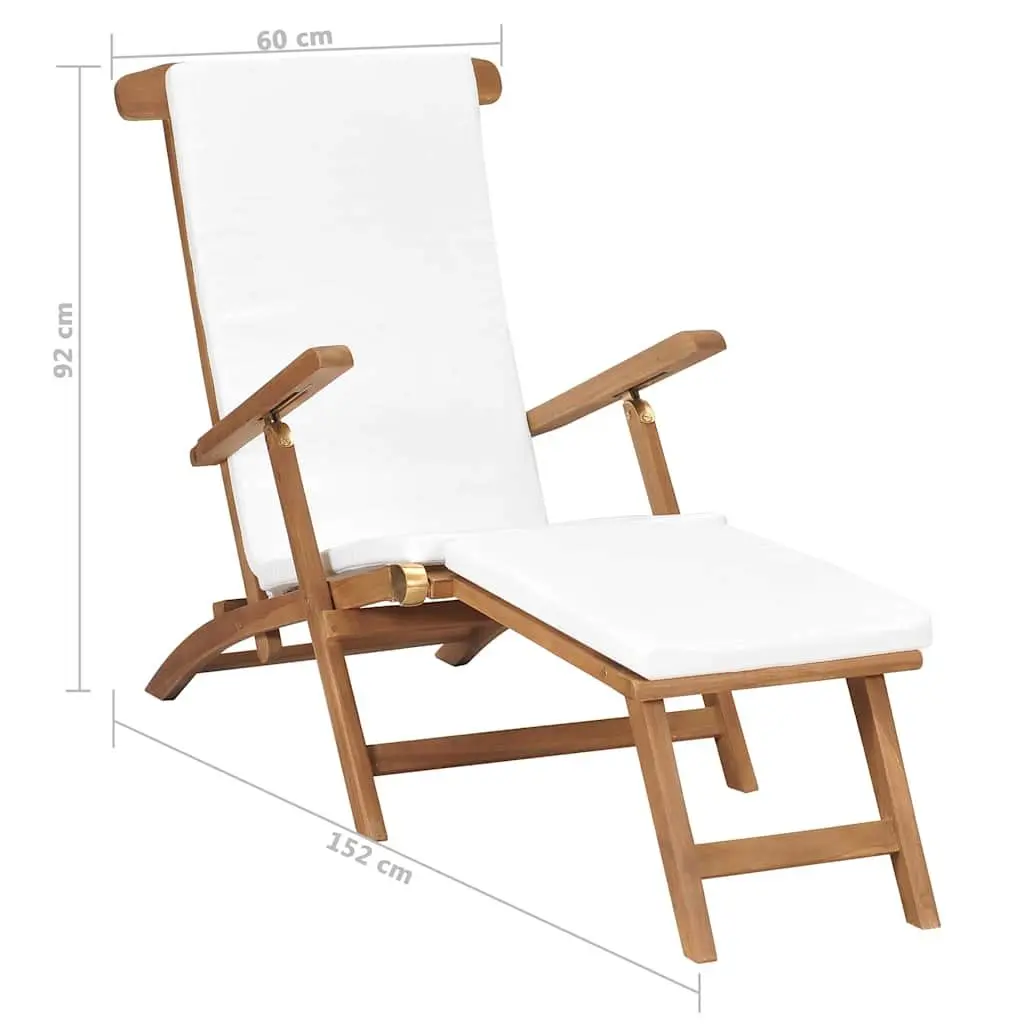Deck Chair Sun Lounger Outdoor Cream Teak Wood Reclining Backrest with Cushion