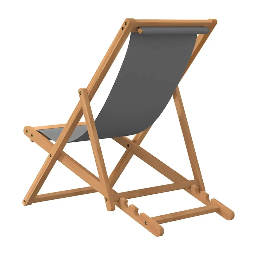 Folding Beach Chair Adjustable Teak Wood Grey Outdoor Garden Deck Lounge Seat