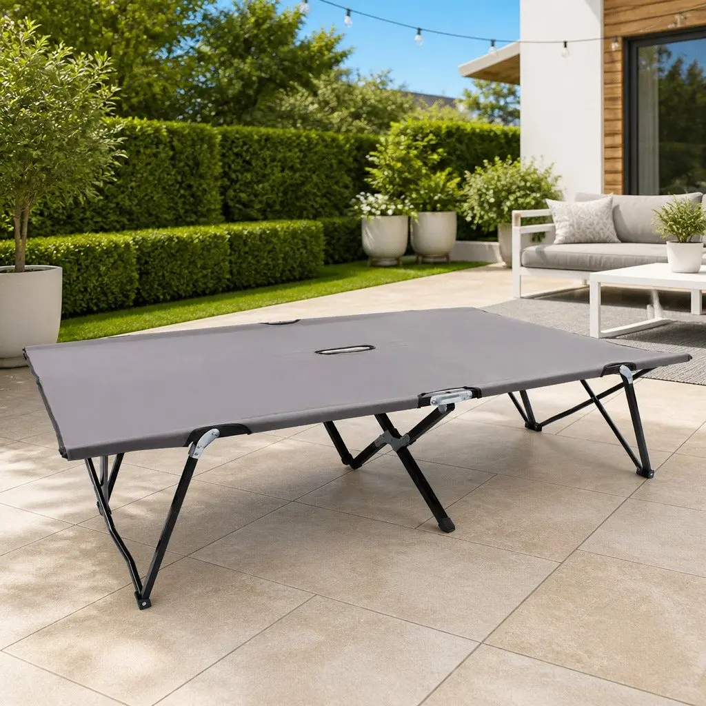 Folding Sun Lounger Two Person Outdoor Camping Bed Elevated Grey Steel Frame