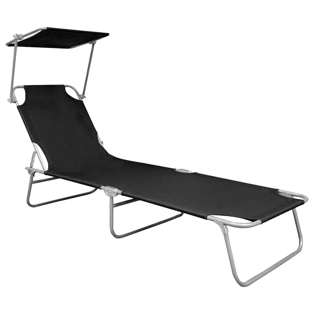 Folding Outdoor Sun Lounger Black Adjustable Backrest with Canopy