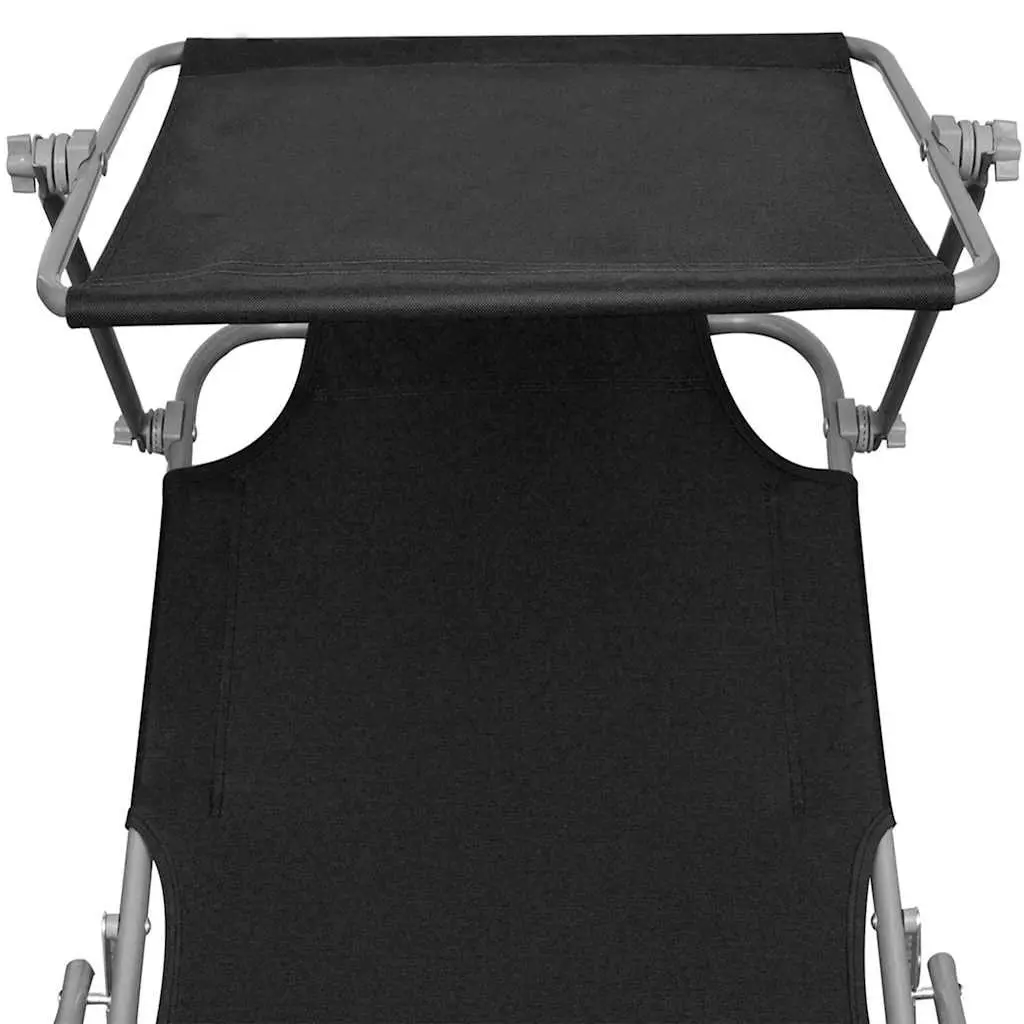 Folding Outdoor Sun Lounger Black Adjustable Backrest with Canopy