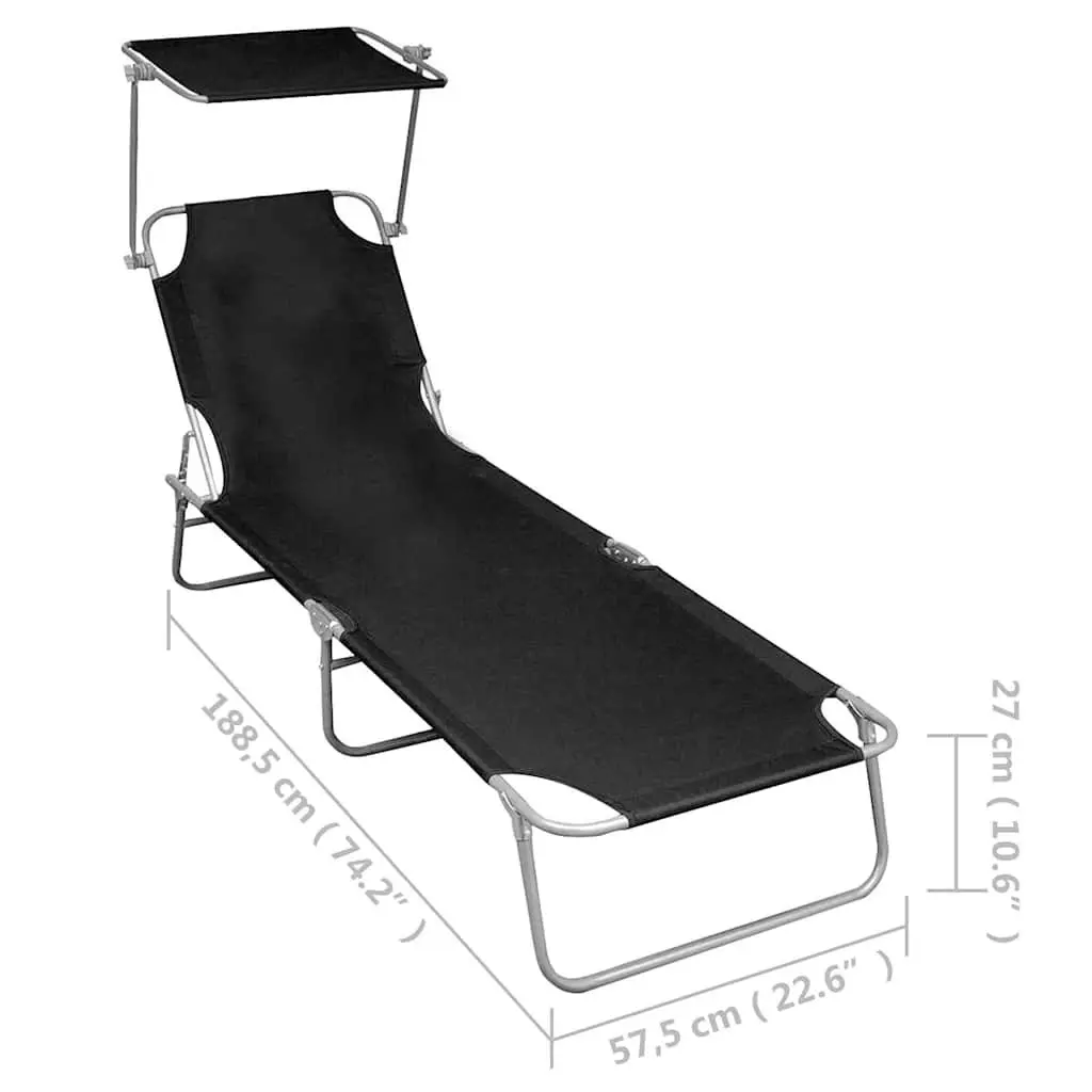 Folding Outdoor Sun Lounger Black Adjustable Backrest with Canopy